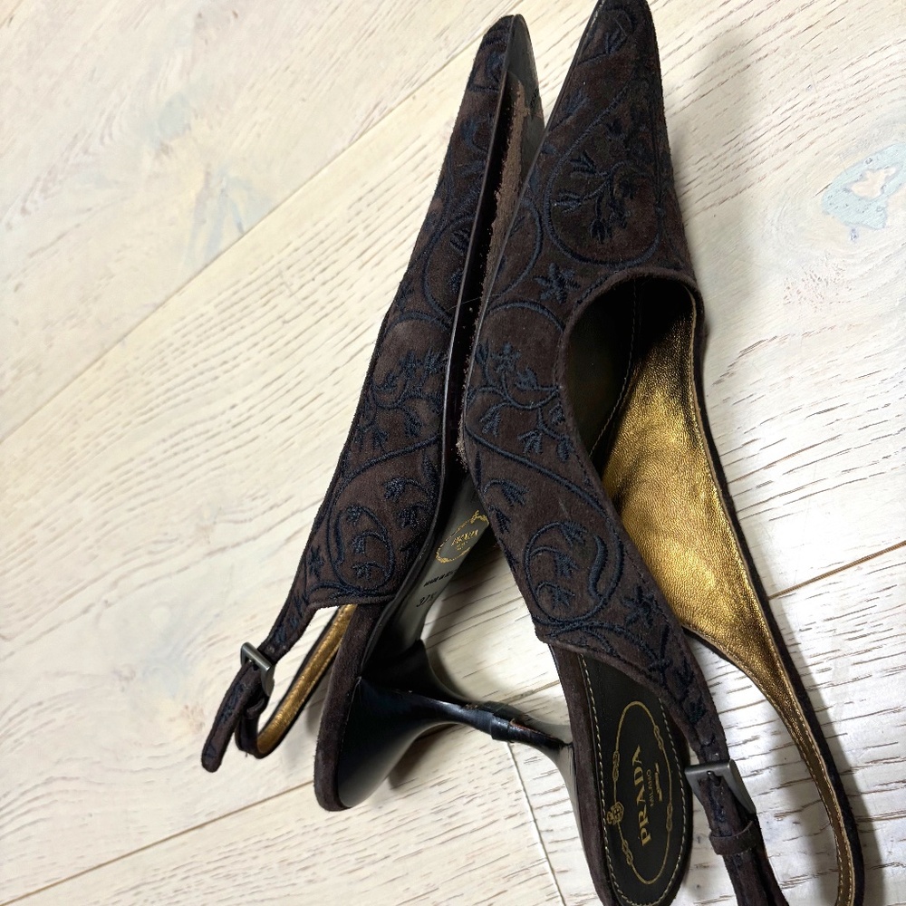 Prada Suede Embroidered Accent Slingbacks